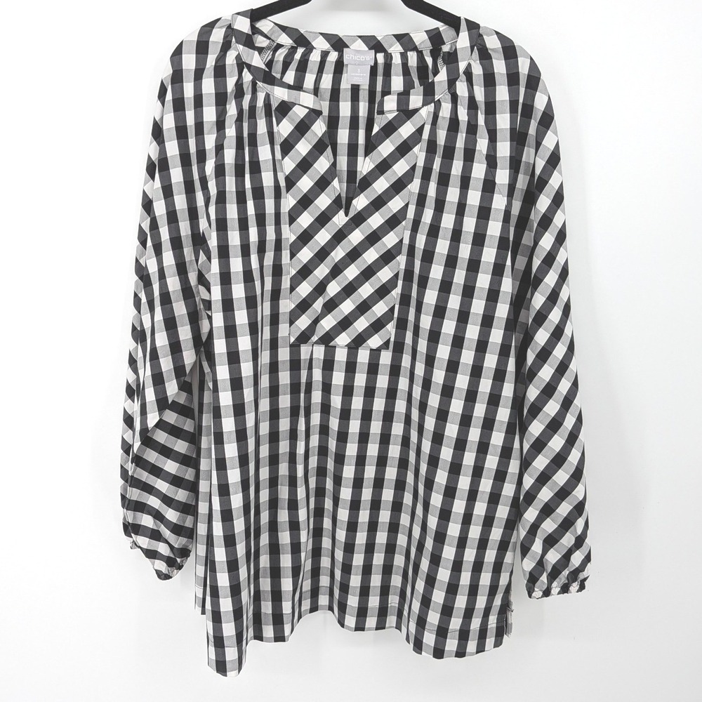 Chicos Gingham Top Women‎ XL Black White Check V-Neck Long Sleeve Classic Casual